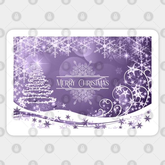 Pretty Xmas Tree and Snowflakes and Merry Christmas Greeting - on Mauve Sticker by karenmcfarland13